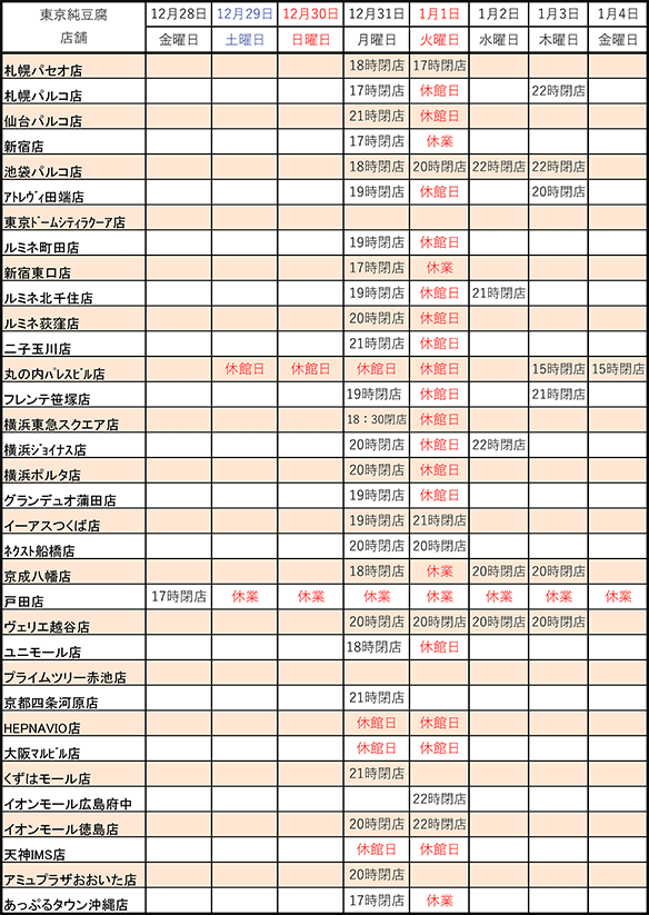 東京純豆腐年末年始の営業時間 東京純豆腐